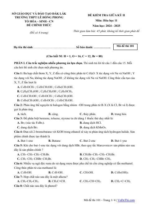 Đề thi Giữa kì 2 Hóa học 11 năm 2024-2025 trường THPT Lê Hồng Phong (Đắk Lắk)